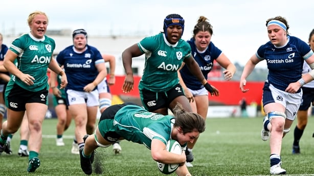 2 August 2025; Deirbhile Nic A Bháird of Ireland scores her side's fifth try during the Women's Rugby World Cup warm-up match between Ireland and Scotland at Virgin Media Park in Cork. Photo by Shauna Clinton/Sportsfile