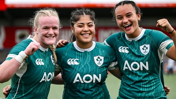 2 August 2025; Ireland debutants, from left, Ailish Quinn, Ivana Kiripati and Nancy McGillivray celebrate after their side's victory in the Women's Rugby World Cup warm-up match between Ireland and Scotland at Virgin Media Park in Cork. Photo by Shauna Clinton/Sportsfile