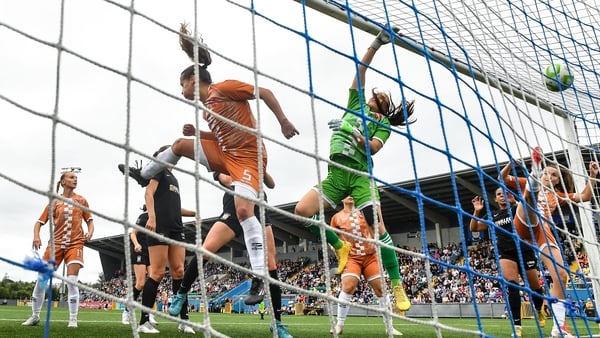 Agram goalkeeper Nika Radolović is beaten directly from the corner of Madison Gibson for the first goal during the UEFA Women's Champions League First Qualifying Round final match between Agram and Athlone Town