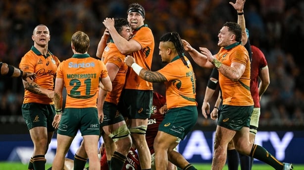 2 August 2025; Australia players celebrate winning a penalty during the third test match between Australia and the British & Irish Lions at Accor Stadium in Sydney, Australia. Photo by Brendan Moran/Sportsfile