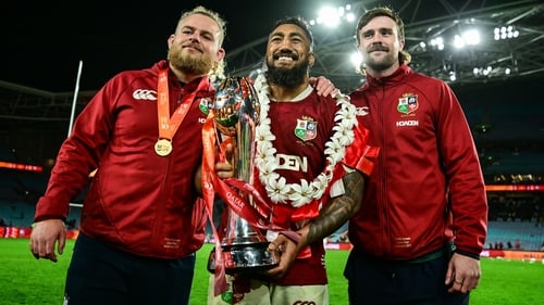 Bundee Ai (c) celebrates the series win with his Connacht team-mates Finlay Bealham and Mack Hansen