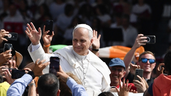 Pope Leo XIV salutes the crowd as he leaves after leading the Sunday Mass for Jubilee of Youth in Tor Vergata neighborhood on August 3, 2025 in Rome, Italy. (Photo by Isabella Bonotto/Anadolu via Getty Images)