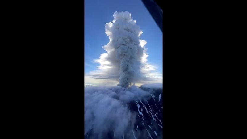 A plume of ash spewing from the Krasheninnikov volcano