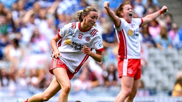 Aoife Horisk of Tyrone (L) after scoring goal against Laois in 2025 TG4 All-Ireland intermediate final