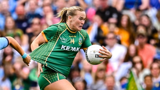 Vikki Wall of Meath in action against Leah Caffrey of Dublin during the TG4 All-Ireland Ladies Football Senior Championship final match between Dublin and Meath