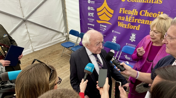 President Higgins speaks to the media about the war in Gaza at the Fleadh festival in county Wexford