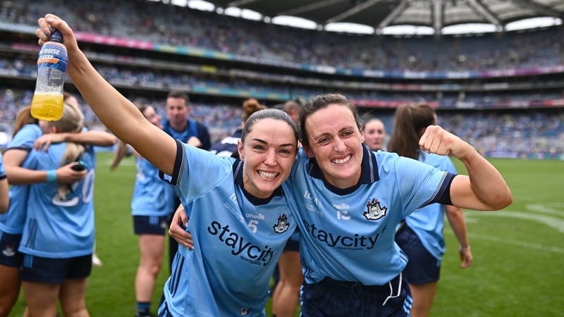 Sinead Goldrick (L) and Hannah Tyrrell celebrate Dublin's triumph