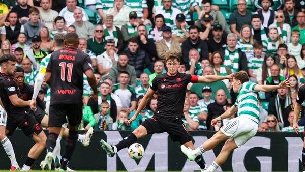 Celtic's Luke McCowan scores to make it 1-0 during a William Hill Premiership match between Celtic and St Mirren at Celtic Park, on August 03, 2025, in Glasgow, Scotland.