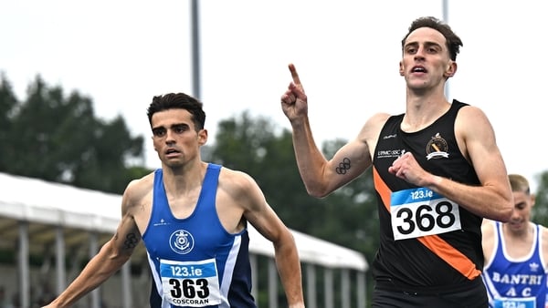 Cathal Doyle of Clonliffe Harriers AC, Dublin, centre, celebrates after winning the senior men's 1500m, ahead of Andrew Coscoran of Star of the Sea AC, Meath, left, and Nick Griggs of CNDR Track AC, right, during day two of the 153rd 123.ie National Track