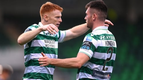 Rory Gaffney of Shamrock Rovers celebrates with team-mate Josh Honohan
