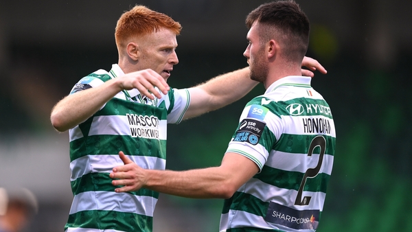 Rory Gaffney of Shamrock Rovers celebrates with team-mate Josh Honohan, right, after scoring their side's first goal during the SSE Airtricity Men's Premier Division match between Shamrock Rovers and Derry City at Tallaght Stadium
