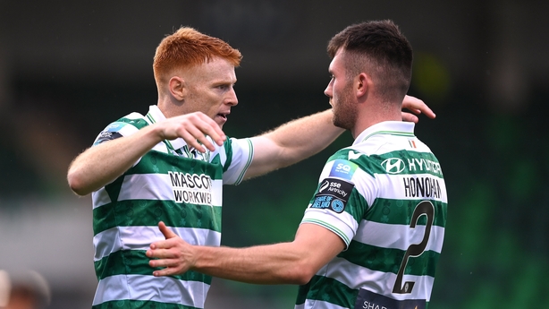 Rory Gaffney (L) celebrates with Josh Honohan after the first of his two goals