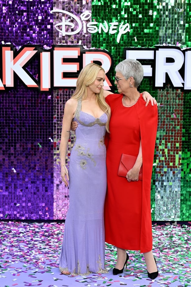 Lindsay Lohan and Jamie Lee Curtis embrace at the Freakier Friday UK Premiere at Odeon Luxe Leicester Square, London, on 31 July, 2025