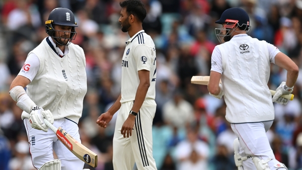 LONDON, ENGLAND - AUGUST 04: Chris Woakes of England runs between the wickets with his arm in a sling as he bats on day five of the 5th Rothesay Test Match at The Kia Oval on August 04, 2025 in London, England. (Photo by Gareth Copley/Getty Images)