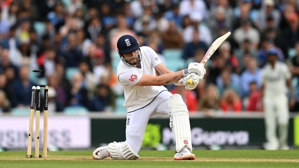 LONDON, ENGLAND - AUGUST 04: Gus Atkinson of England is bowled by Mohammed Siraj of India on day five of the 5th Rothesay Test Match at The Kia Oval on August 04, 2025 in London, England. (Photo by Gareth Copley/Getty Images)