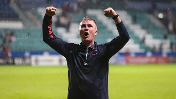 31 July 2025; St Patrick's Athletic manager Stephen Kenny celebrates after his side's victory in the UEFA Conference League Second Qualifying Round second leg match between Nõmme Kalju FC and St Patrick's Athletic at Lilleküla Stadium in Tallinn, Estonia.