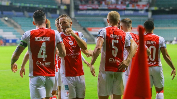 31 July 2025; St Patrick's Athletic players, including Ryan McLaughlin, centre, celebrate after their first goal, scored by Joe Redmond, 4, during the UEFA Conference League Second Qualifying Round second leg match between Nõmme Kalju FC and St Patrick's Athletic at Lilleküla Stadium in Tallinn, Est