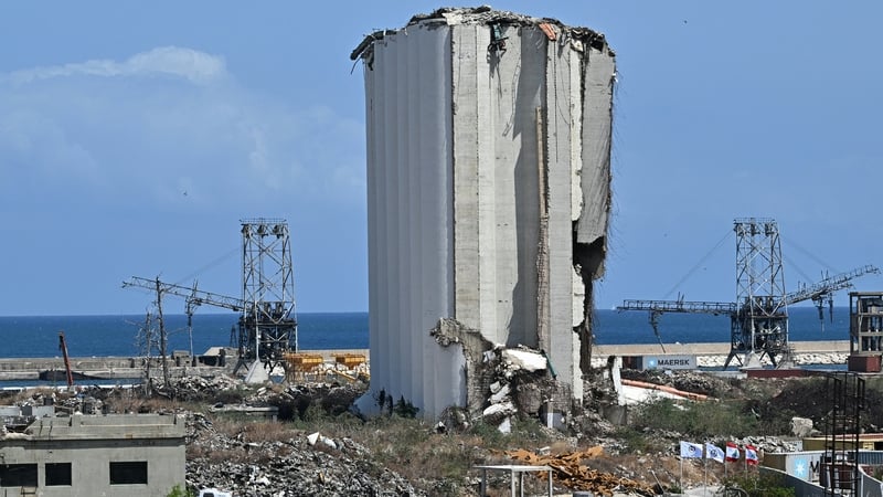 A view of the destroyed Beirut port silos five years on from the blast