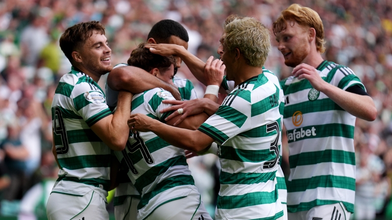 Celtic celebrate their late winner against St Mirren
