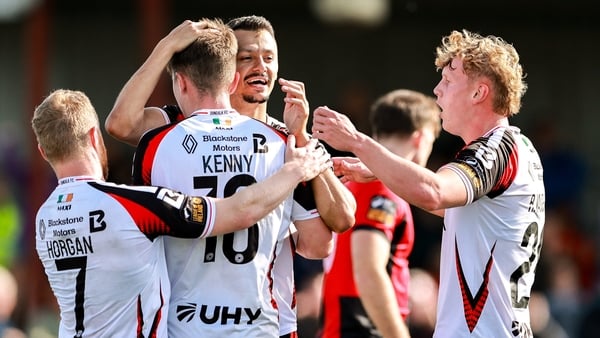 4 August 2025; Dean Ebbe of Dundalk, back, celebrates with teammates Daryl Horgan, left, Eoin Kenny, centre, and Rohan Vaughan, right, after scoring his side's second goal during the SSE Airtricity Men's First Division match between Dundalk and Longford T