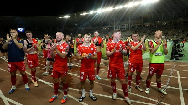 Shelbourne players applaud their supporters after the UEFA Champions League Second Qualifying Round second leg match between Qarabag FK and Shelbourne at Tofiq Bahramov Republican Stadium in Baku