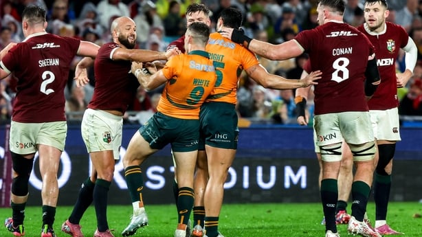 2 August 2025; Jamison Gibson-Park of British & Irish Lions and Nic White of Australia tussle during the third test match between Australia and the British & Irish Lions at Accor Stadium in Sydney, Australia. Photo by Steve Christo/Sportsfile