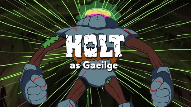 Cartoon character Holt stands ready to fight with a black background with green lasers.