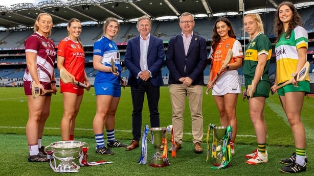 2025 Camogie Association Finals Day: Galway's Áine Keane, Cork's Méabh Cahalane, Laois' Clodagh Tynan, Johnny Dunne, Chief Executive Glen Dimplex, Brian Molloy, Camogie Association President, Armagh's Ciara Hill, Kerry's Patrice Diggan and Orlagh Phelan of Offaly