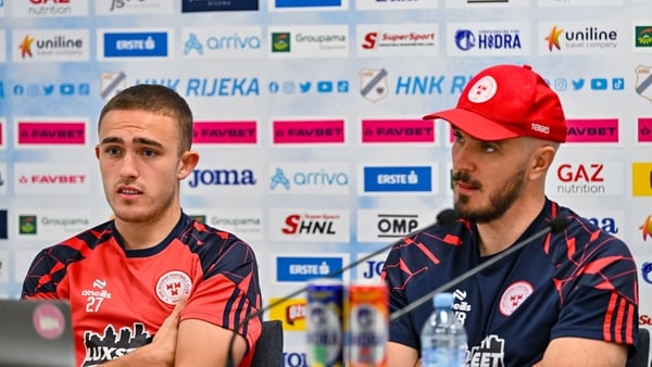 5 August 2025; Shelbourne head coach Joey O'Brien, right, and Evan Caffrey during a Shelbourne press conference at HNK Rijeka Stadium Rujevica in Croatia. Photo by Igor Kupljenik/Sportsfile