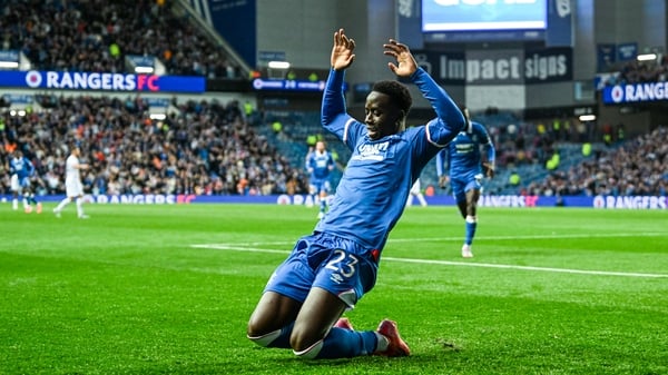 GLASGOW, SCOTLAND - AUGUST 05: Rangers' Djeidi Gassama celebrates as he scores to make it 3-0 during a UEFA Champions League Third Round Qualifier First Leg match between Rangers and Viktoria Plzen at Ibrox Stadium, on August 05, 2025, in Glasgow, Scotlan