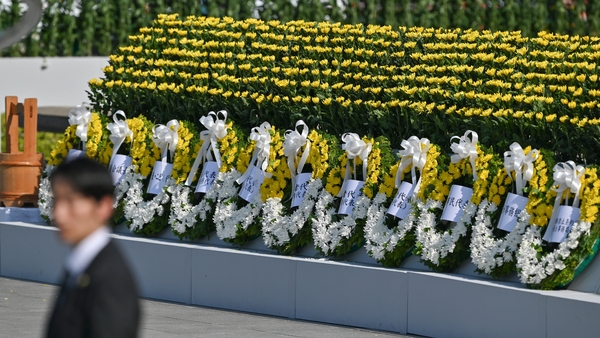 A line of floral wreaths mark the 80th anniversary of the atomic bombing of Hiroshima.