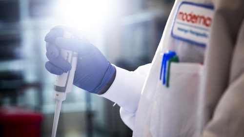 A researcher at work at the Moderna headquarters in Cambridge, Massachusetts