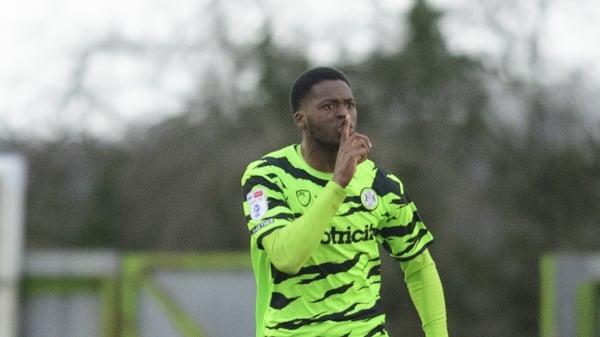 NAILSWORTH, ENGLAND - FEBRUARY 25: Forest Green Rovers' Jordon Garrick celebrates scoring his side's equalising goal to make the score 1-1 during the Sky Bet League One between Forest Green Rovers and Lincoln City at The Bolt New Lawn on February 25, 2023