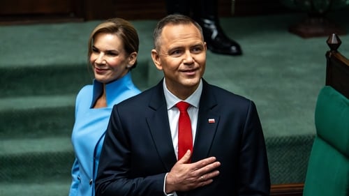 Karol Nawrocki, Poland's new president, during his inauguration ceremony today at the Polish parliament in Warsaw