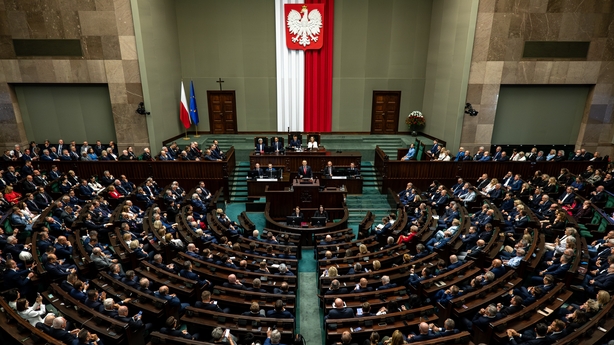 A view of the Polish parliament during the swearing in ceremony for Karol Nawrocki