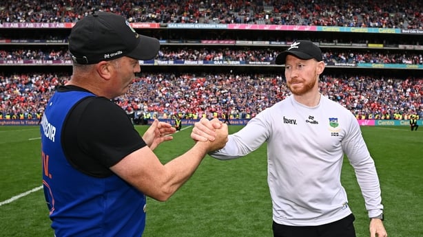 20 July 2025; Tipperary manager Liam Cahill celebrates with sport psychologist, and former Munster Rugby player, Cathal Sheridan after the GAA Hurling All-Ireland Senior Championship final match between Cork and Tipperary at Croke Park in Dublin. Photo by Seb Daly/Sportsfile