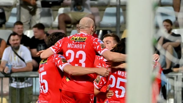 Shelbourne players celebrate goal scored by Sam Bone against Rijeka in Europa League