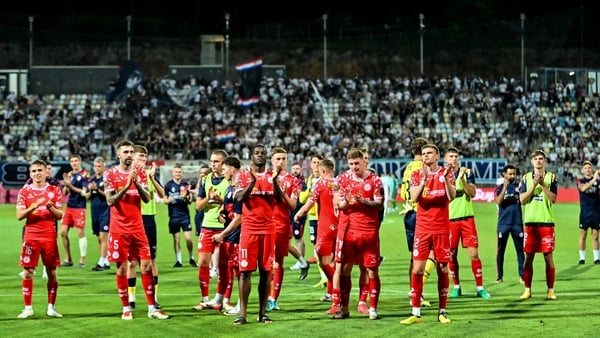 Shelbourne players celebrate after their victory in the Europa League third qualifying round first leg match against Rijeka, August 2025