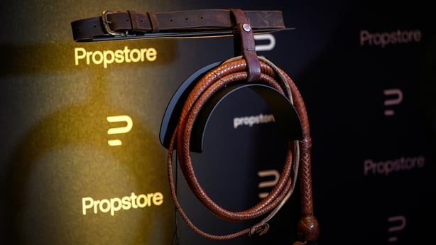 The belt and bullwhip (estimated sale price of $250,000-500,000) used by the character Indiana Jones in Indiana Jones and Last Crusade is displayed at a photocall ahead of an auction 