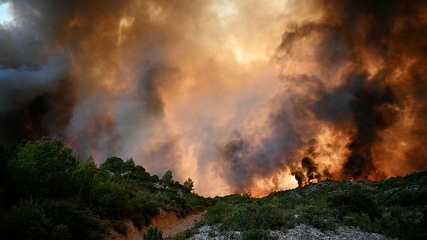 A forest is engulfed in flames as a wildfire rages near Fontjoncouse, southwestern France