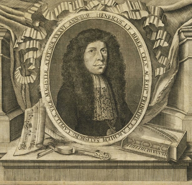 Portrait of Heinrich Ignaz Franz Biber - an old style drawing of a portrait of the composer Heinrich Biber in black and beige tones. He has a long curly wig and serious expression. The background has elaborate drawings of books on a table surrounded by a curtain