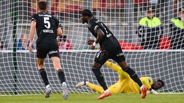 Tammy Abraham of Besiktas, right, shoots to score his side's fourth goal against St Pat's Athletic - 2025 Conference League