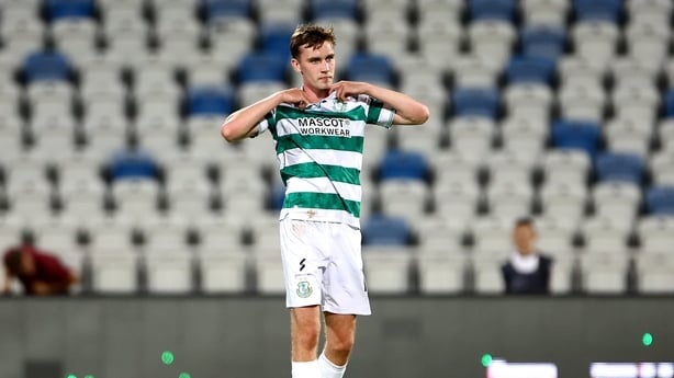 7 August 2025; Matt Healy of Shamrock Rovers reacts during the UEFA Conference League Third Qualifying Round first leg match between Ballkani and Shamrock Rovers at Fadil Vokrri Stadium in Pristina, Kosovo. Photo by Nikola Krstic/Sportsfile