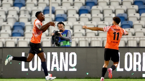 7 August 2025; Sunday Adetunji of Ballkani, right, celebrates with team-mate Walid Hamidi after scoring their side's first goal during the UEFA Conference League Third Qualifying Round first leg match between Ballkani and Shamrock Rovers at Fadil Vokrri Stadium in Pristina, Kosovo. Photo by Nikola K