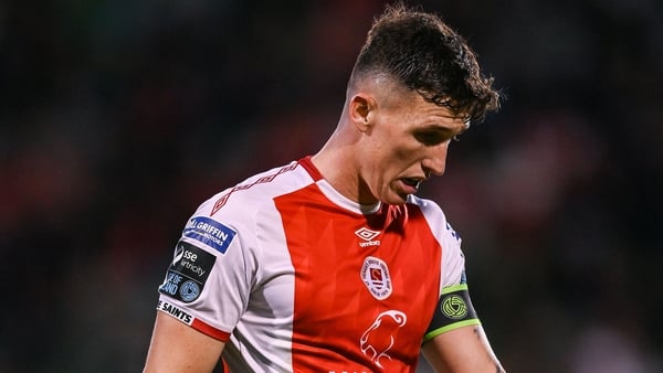 7 August 2025; Joe Redmond of St Patrick's Athletic reacts during the UEFA Conference League Third Qualifying Round first leg match between St Patrick's Athletic and Besiktas at Tallaght Stadium in Dublin. Photo by Stephen McCarthy/Sportsfile
