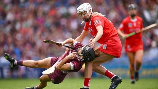 Dublin , Ireland - 11 August 2024; Carrie Dolan of Galway and Pamela Mackey of Cork tussle during the Glen Dimplex Camogie All-Ireland Senior Camogie Championship final between Cork and Galway at Croke Park in Dublin. (Photo By Piaras Ó Mídheach/Sportsfil