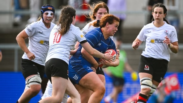 24 August 2024; Caoimhe Molloy of Leinster is tackled by Brenda Barr, below, and Abby Moyles of Ulster during the Vodafone Women's Interprovincial Championship Round Three match between Ulster and Leinster at the Kingspan Stadium in Belfast. Photo by Shauna Clinton/Sportsfile
