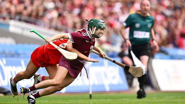 11 August 2024; Niamh Mallon of Galway in action against Laura Hynes of Cork during the Glen Dimplex Camogie All-Ireland Senior Camogie Championship final between Cork and Galway at Croke Park in Dublin. Photo by Piaras Ó Mídheach/Sportsfile