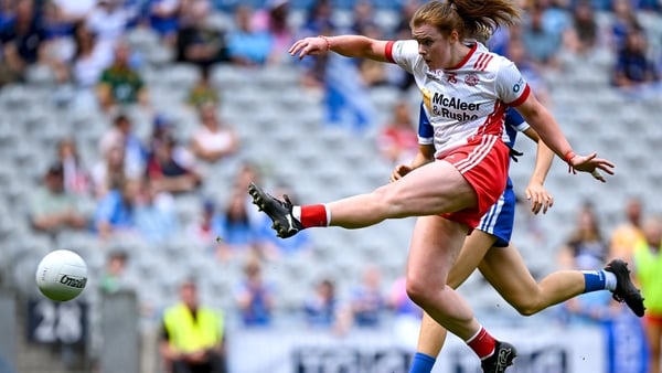 3 August 2025; Niamh O'Neill of Tyrone has a shot on goal during the TG4 All-Ireland Ladies Football Intermediate Championship final match between Laois and Tyrone at Croke Park in Dublin. Photo by Shauna Clinton/Sportsfile