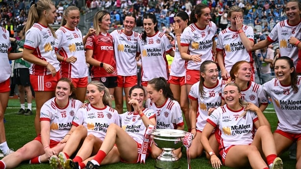 3 August 2025; The Tyrone players celebrate with the cup after their side's victory in the TG4 All-Ireland Ladies Football Intermediate Championship final match between Laois and Tyrone at Croke Park in Dublin. Photo by Piaras Ó Mídheach/Sportsfile